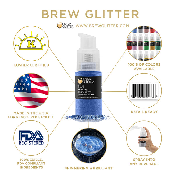 Blue Beverage Spray Glitter | Infographic for Edible Glitter. FDA Compliant Made in USA | Brewglitter.com