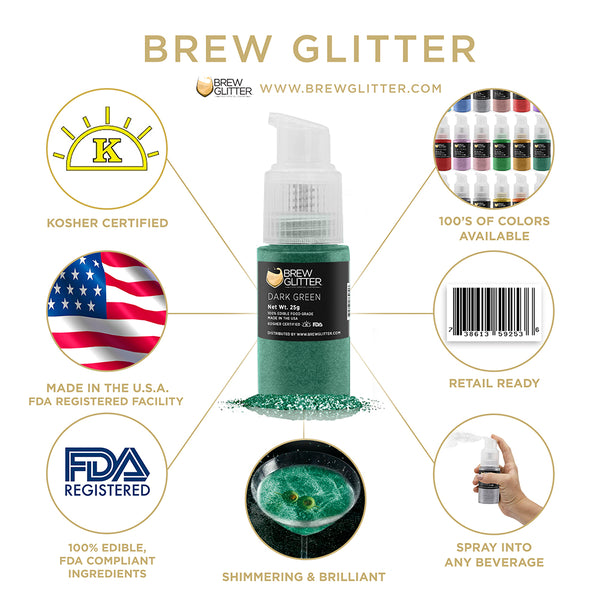 Dark Green Beverage Spray Glitter | Infographic for Edible Glitter. FDA Compliant Made in USA | Brewglitter.com