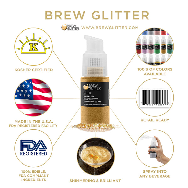 Gold Beverage Spray Glitter | Infographic for Edible Glitter. FDA Compliant Made in USA | Brewglitter.com