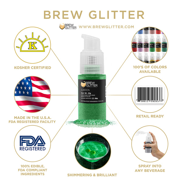 Green Beverage Spray Glitter | Infographic for Edible Glitter. FDA Compliant Made in USA | Brewglitter.com