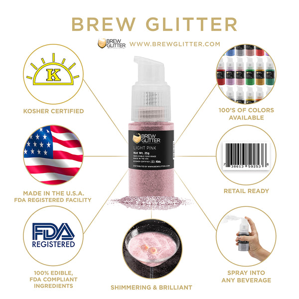 Light Pink Beverage Spray Glitter | Infographic for Edible Glitter. FDA Compliant Made in USA | Brewglitter.com