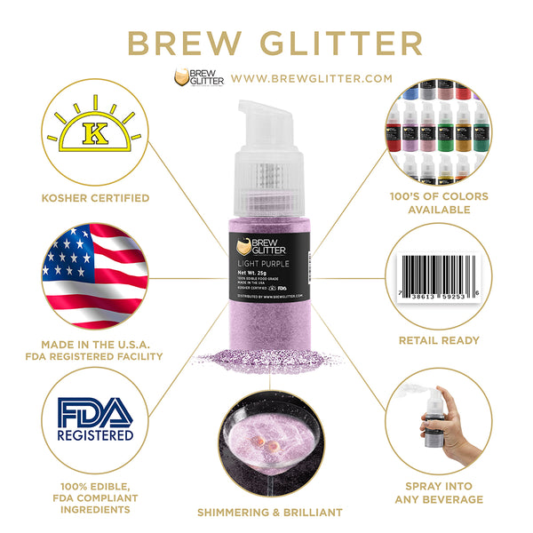 Light Purple Beverage Spray Glitter | Infographic for Edible Glitter. FDA Compliant Made in USA | Brewglitter.com