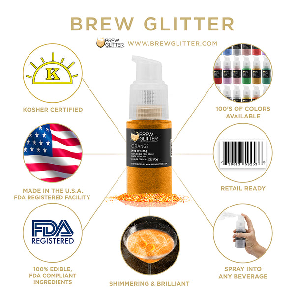 Orange Beverage Spray Glitter | Infographic for Edible Glitter. FDA Compliant Made in USA | Brewglitter.com