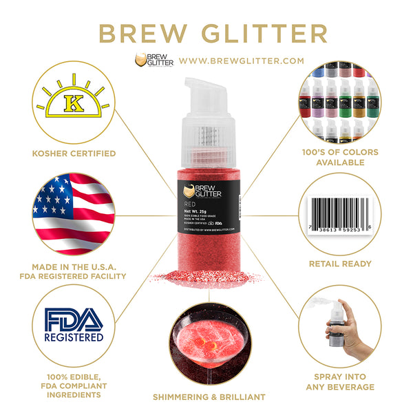 Red Beverage Spray Glitter | Infographic for Edible Glitter. FDA Compliant Made in USA | Brewglitter.com