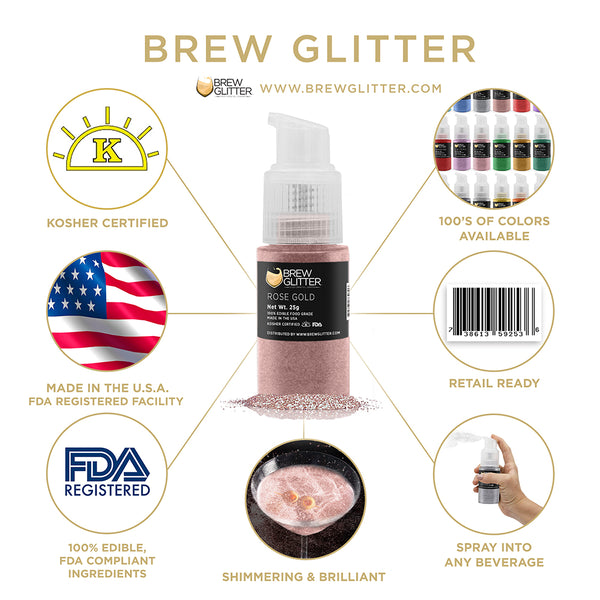 Rose Gold Beverage Spray Glitter | Infographic for Edible Glitter. FDA Compliant Made in USA | Brewglitter.com