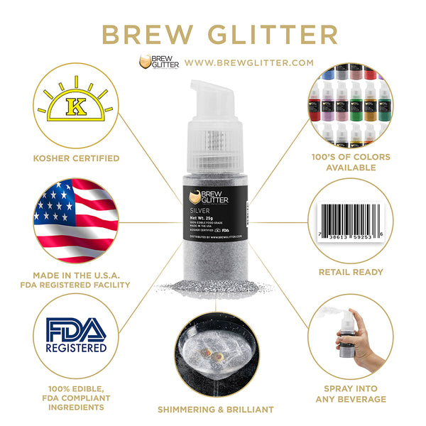 Silver Beverage Spray Glitter | Infographic for Edible Glitter. FDA Compliant Made in USA | Brewglitter.com