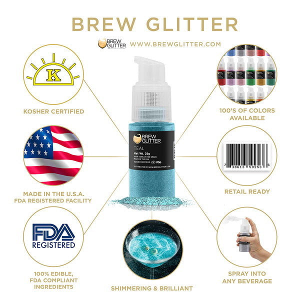 Teal Beverage Spray Glitter | Infographic for Edible Glitter. FDA Compliant Made in USA | Brewglitter.com