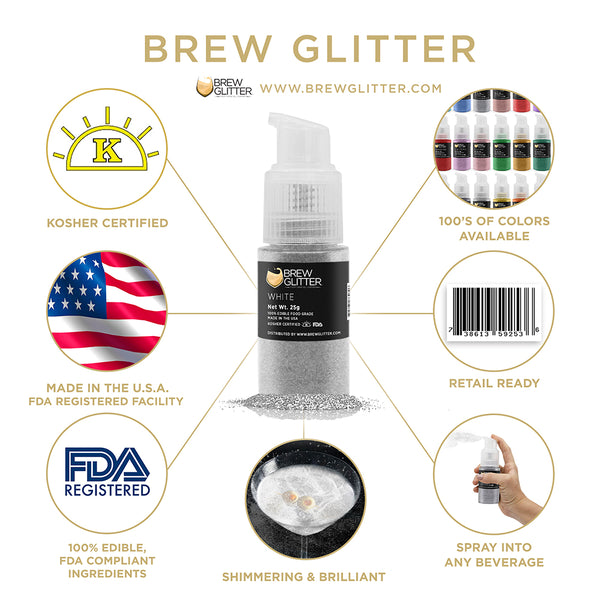 White Beverage Spray Glitter | Infographic for Edible Glitter. FDA Compliant Made in USA | Brewglitter.com