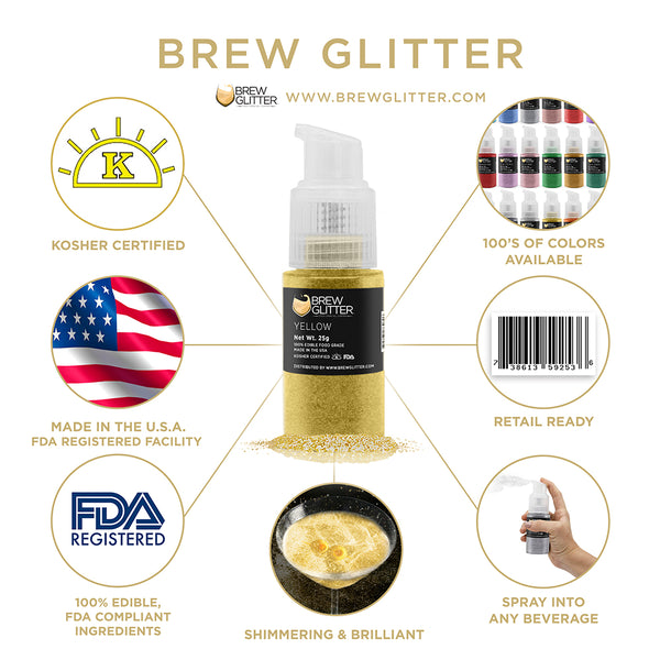 Yellow Beverage Spray Glitter | Infographic for Edible Glitter. FDA Compliant Made in USA | Brewglitter.com