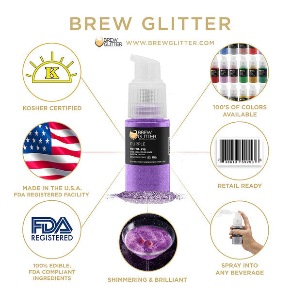 Purple Beverage Spray Glitter | Infographic for Edible Glitter. FDA Compliant Made in USA | Brewglitter.com