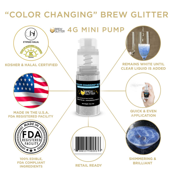 Color Changing Blue Beverage Mini Spray Glitter | Infographic for Edible Glitter. FDA Compliant Made in USA | Brewglitter.com
