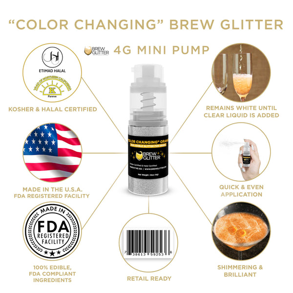 Orange Color Changing Beverage Mini Spray Glitter | Infographic for Edible Glitter. FDA Compliant Made in USA | Brewglitter.com