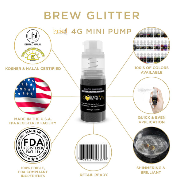 Black Shimmer Beverage Mini Spray Glitter | Infographic for Edible Glitter. FDA Compliant Made in USA | Brewglitter.com