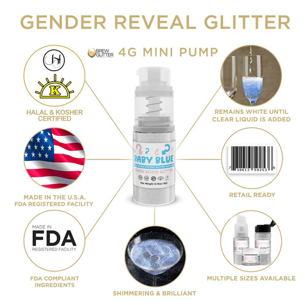 Baby Blue Gender Reveal Beverage Mini Spray Glitter | Infographic for Edible Glitter. FDA Compliant Made in USA | Brewglitter.com