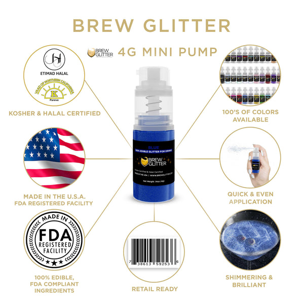 Blue Beverage Mini Spray Glitter | Infographic for Edible Glitter. FDA Compliant Made in USA | Brewglitter.com