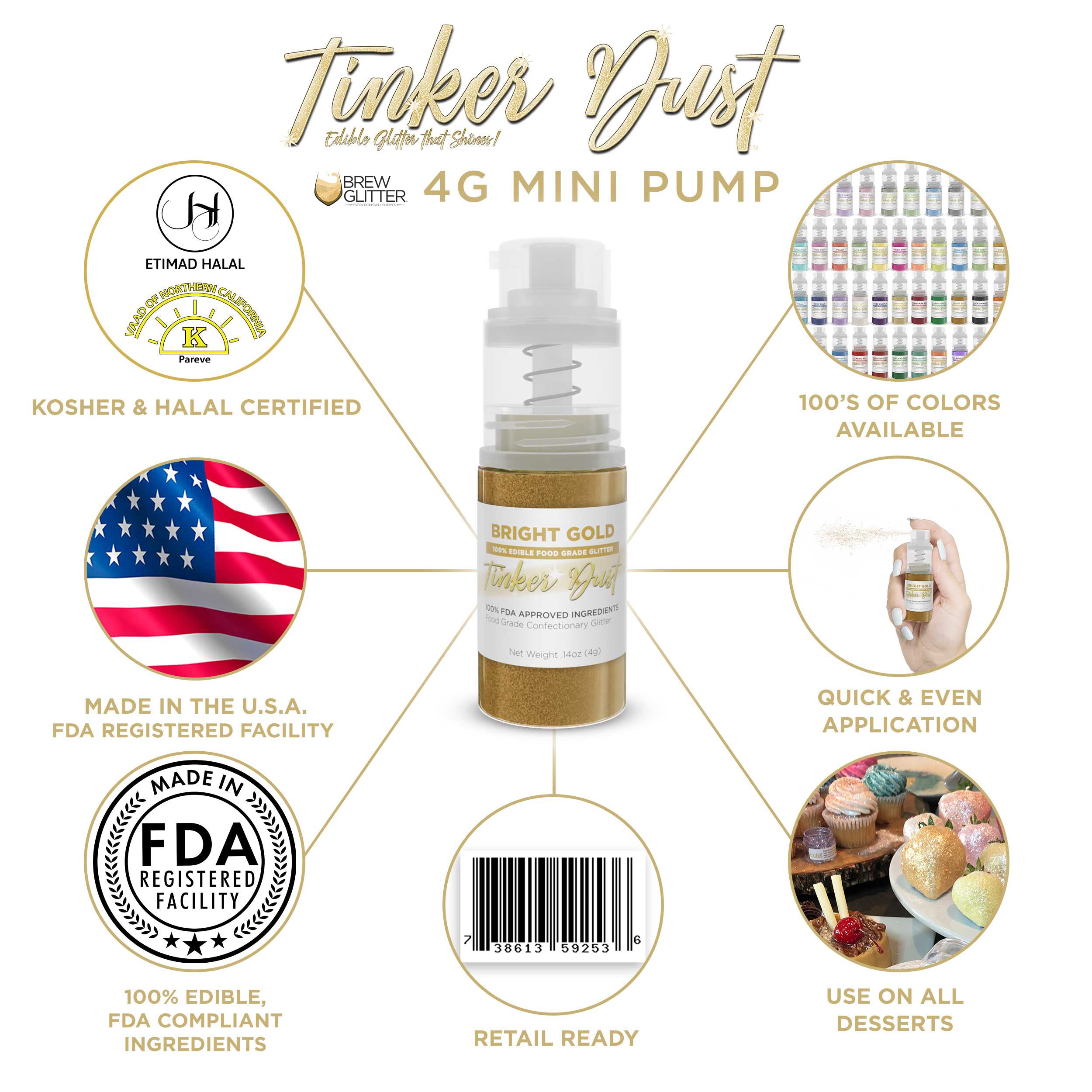 Bright Gold Edible Glitter Spray 4g Pump Infographic | Brew Glitter