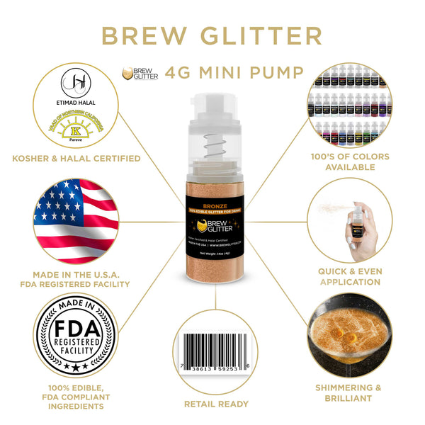 Bronze Beverage Mini Spray Glitter | Infographic for Edible Glitter. FDA Compliant Made in USA | Brewglitter.com