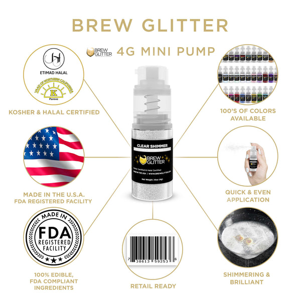 Clear Shimmer Beverage Mini Spray Glitter | Infographic for Edible Glitter. FDA Compliant Made in USA | Brewglitter.com