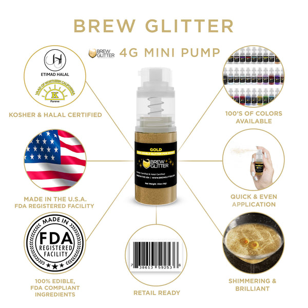 Gold Beverage Mini Spray Glitter | Infographic for Edible Glitter. FDA Compliant Made in USA | Brewglitter.com