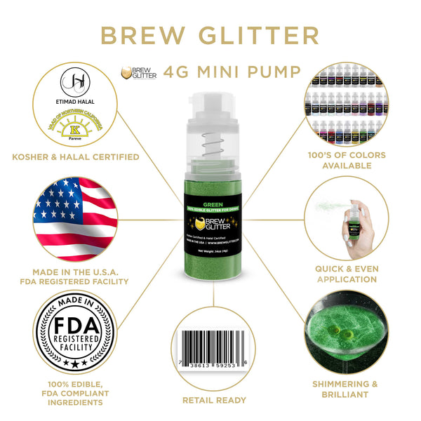 Green Beverage Mini Spray Glitter | Infographic for Edible Glitter. FDA Compliant Made in USA | Brewglitter.com