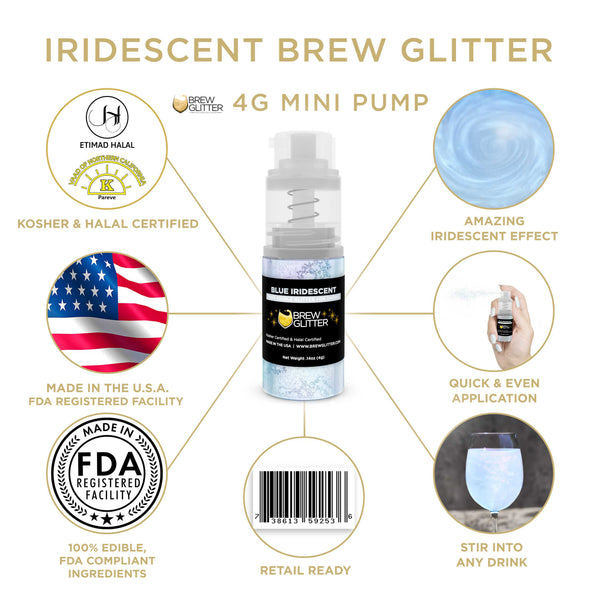 Blue Iridescent Beverage Mini Spray Glitter | Infographic for Edible Glitter. FDA Compliant Made in USA | Brewglitter.com