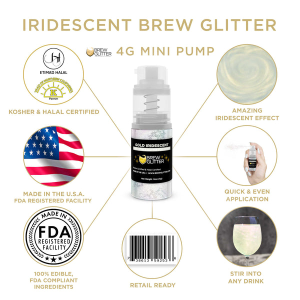 Iridescent Gold Beverage Mini Spray Glitter | Infographic for Edible Glitter. FDA Compliant Made in USA | Brewglitter.com