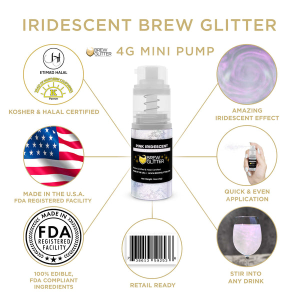 Pink Iridescent Beverage Mini Spray Glitter | Infographic for Edible Glitter. FDA Compliant Made in USA | Brewglitter.com