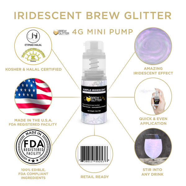 Purple Iridescent Beverage Mini Spray Glitter | Infographic for Edible Glitter. FDA Compliant Made in USA | Brewglitter.com