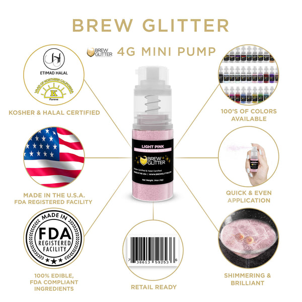 Light Pink Beverage Mini Spray Glitter | Infographic for Edible Glitter. FDA Compliant Made in USA | Brewglitter.com