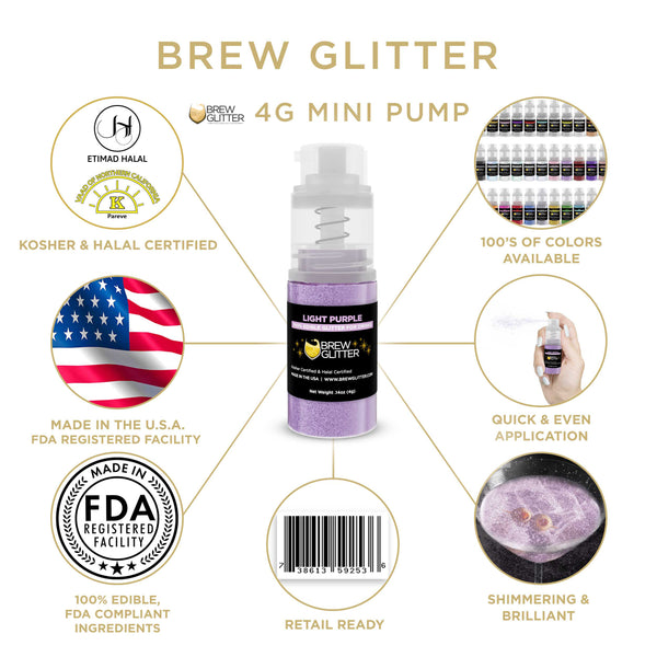 Light Purple Beverage Mini Spray Glitter | Infographic for Edible Glitter. FDA Compliant Made in USA | Brewglitter.com