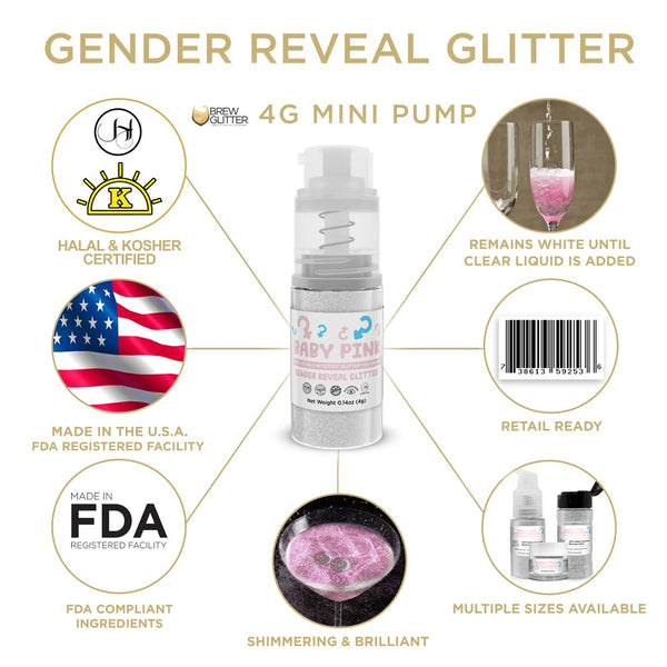 Baby Pink Gender Reveal Beverage Mini Spray Glitter | Infographic for Edible Glitter. FDA Compliant Made in USA | Brewglitter.com