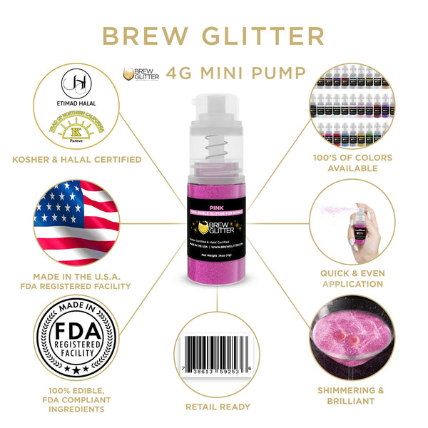 Pink Beverage Mini Spray Glitter | Infographic for Edible Glitter. FDA Compliant Made in USA | Brewglitter.com