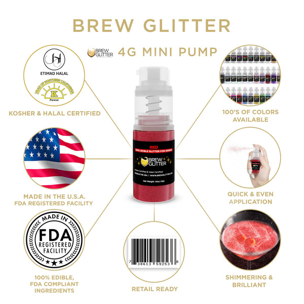 Red Beverage Mini Spray Glitter | Infographic for Edible Glitter. FDA Compliant Made in USA | Brewglitter.com