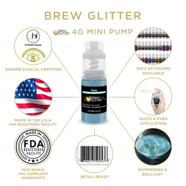 Teal Beverage Mini Spray Glitter | Infographic for Edible Glitter. FDA Compliant Made in USA | Brewglitter.com