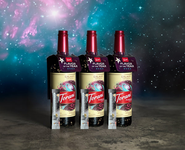 torani galaxy syrup bottles with glitter packs