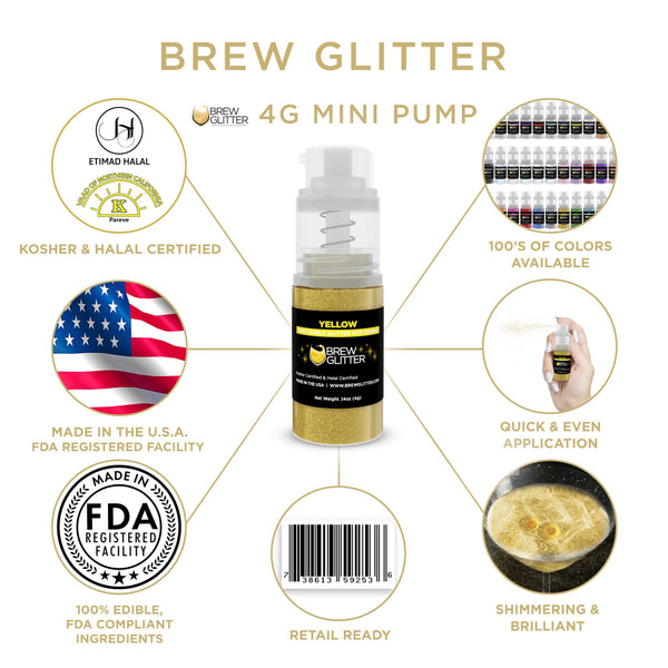 Yellow Beverage Mini Spray Glitter | Infographic for Edible Glitter. FDA Compliant Made in USA | Brewglitter.com