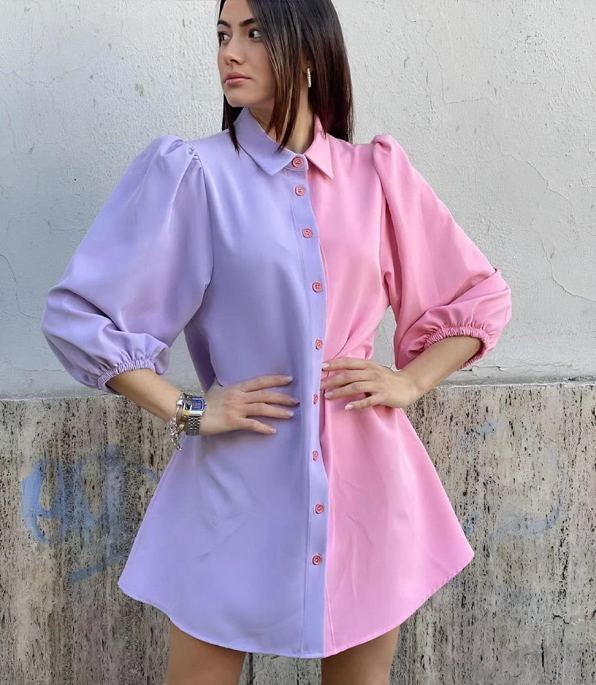 Vestito Donna Morbido Camicione Colletto Bicolore Manica Sbuffo - LE STYLE DE PARIS