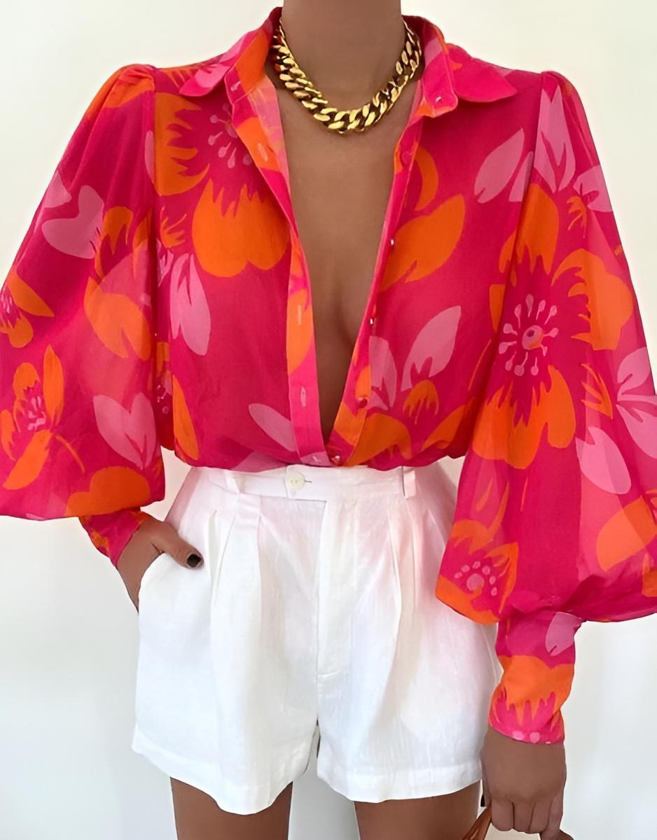 Camicia Donna Bottoni Manica Sbuffo Multicolore Colletto Casual Elegan – LE  STYLE DE PARIS