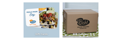 Grid displaying a Let's Dish! gift card and a gift delivery image. 