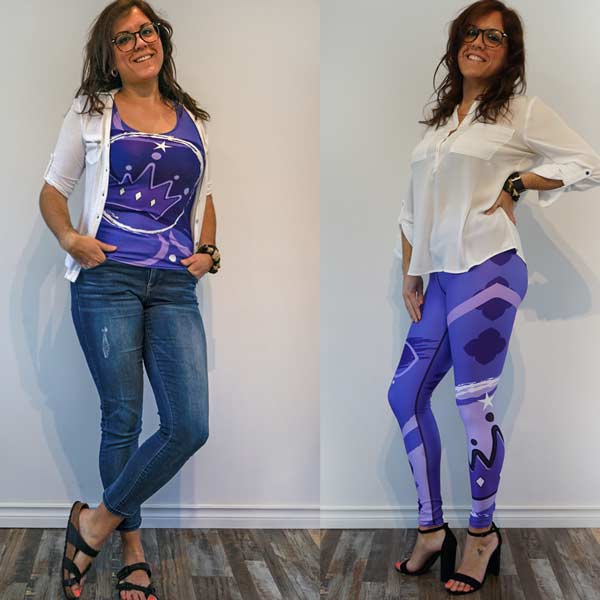 Melissa in the tank top and leggings featuring Crown Chakra motive