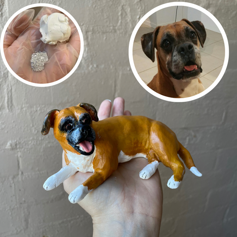 Example of cutom pet figurine of a dog which has ashes included as a memorial keepsake.