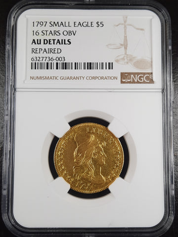 1797 $5 Small Eagle 16 Stars Obv NGC AU Details Repaired