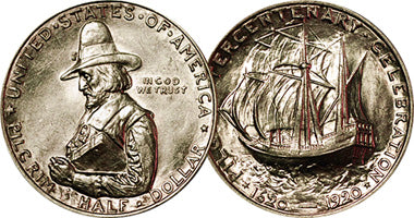 1920 Pilgrim Commemorative Half Dollar Obverse & Reverse. Obverse features profile image of Governor William Bradford praying. The reverse features the Mayflower at sea.