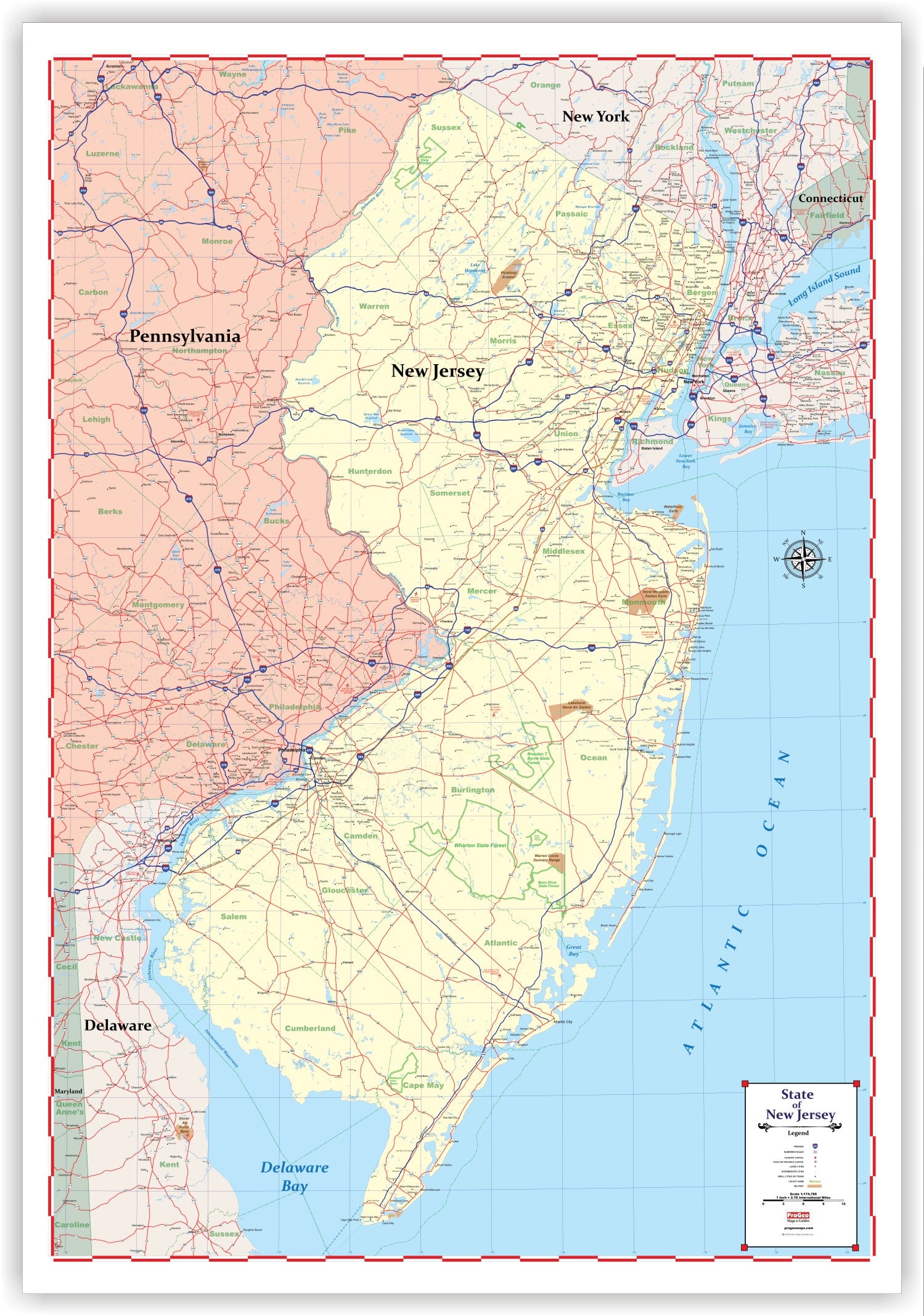 ProGeo Maps Trucker's Wall Map of NEW JERSEY 48