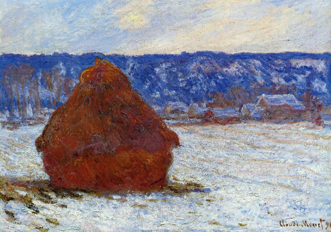 Grainstack in Overcast Weather, Snow Effect by Claude Oscar Monet - Canvas Art Print