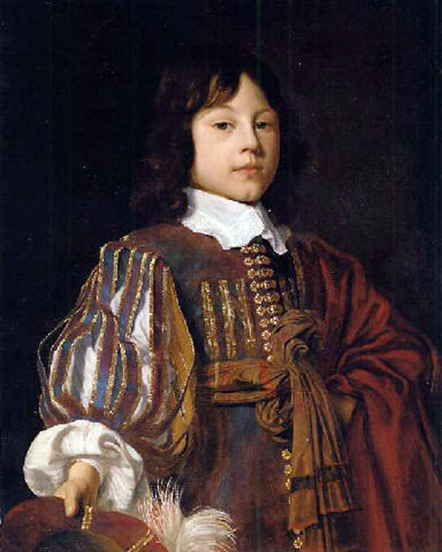 Portrait of a young gentleman in a burgundy doublet with slashed sleeves and a sash, a feathered cap in hand by Jan Mytens - Canvas Art Print