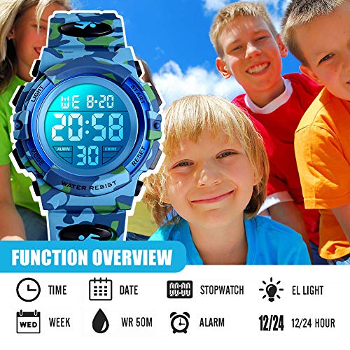 Reloj digital para niños, Chico Relojes deportivos impermeables para niño con alarma/cronómetro/12-24 h, Relojes de pulsera para niños jóvenes  ...