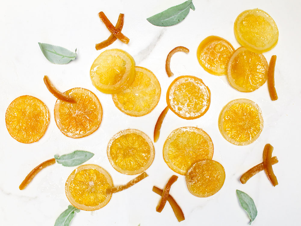 candied orange slices and peels