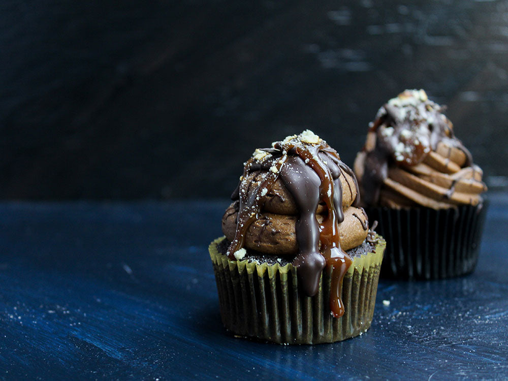 Dark chocolate espresso caramel and salted pretzel cupcakes