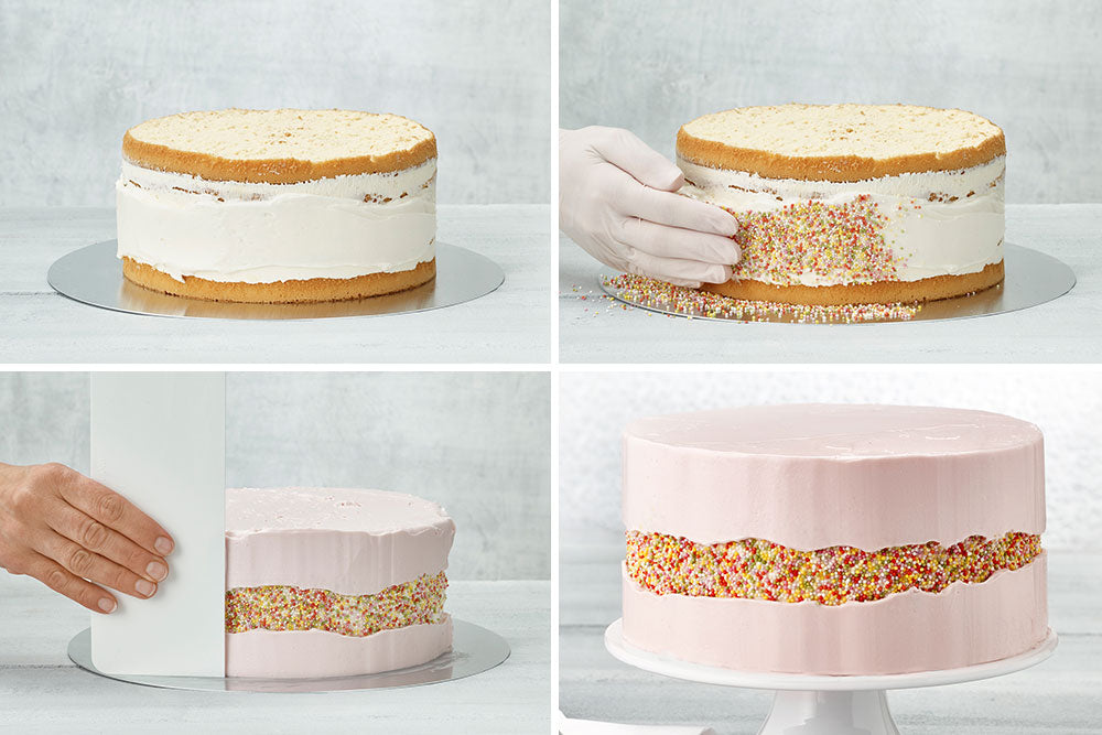 Sprinkle Fault Line Cake Technique in 4 images